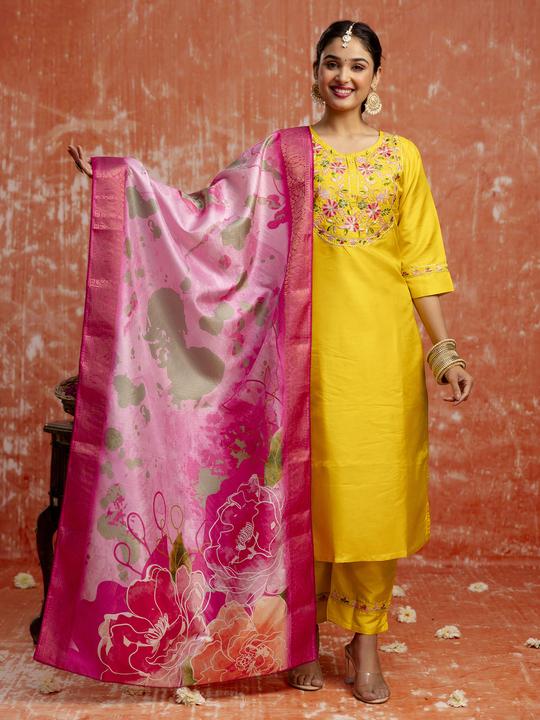 VP 9697 Yellow Silk Blend Kurti Pant Dupatta Set